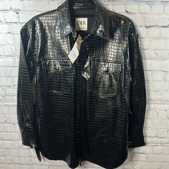 👗 Zara Textured Leather Shirt Dress -Black Oversized with Belt - NWT - Size XS - Picture 2 of 5